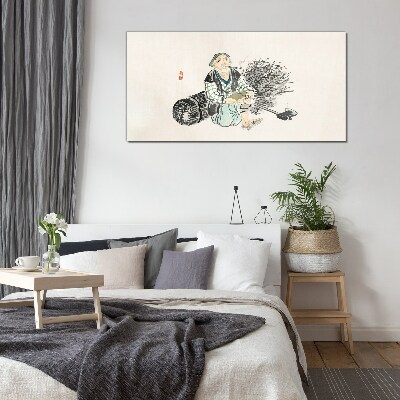 Old man with a broom Glass Wall Art
