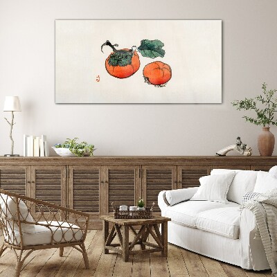 Persimmons on a light background Glass Wall Art