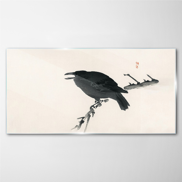 Black raven on a branch Glass Wall Art
