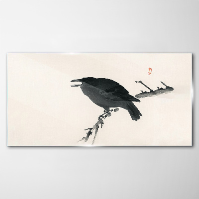 Black raven on a branch Glass Wall Art