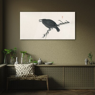 Black raven on a branch Glass Wall Art