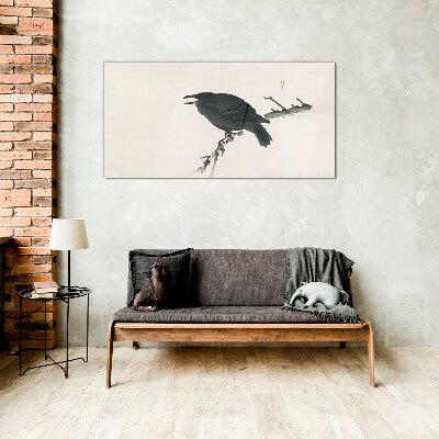 Black raven on a branch Glass Wall Art