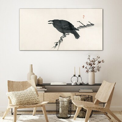 Black raven on a branch Glass Wall Art