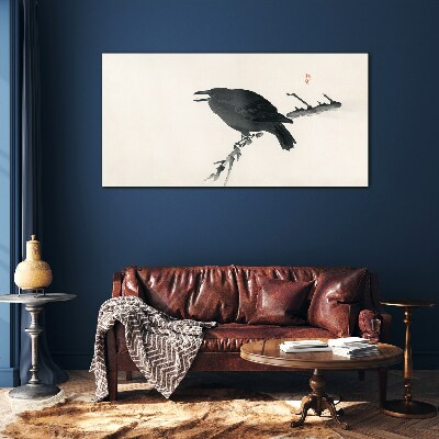 Black raven on a branch Glass Wall Art