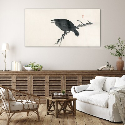 Black raven on a branch Glass Wall Art