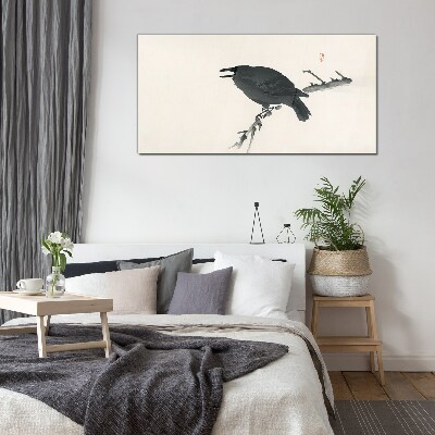 Black raven on a branch Glass Wall Art