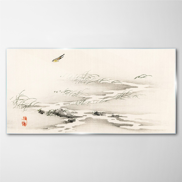 A peaceful landscape with a bird Glass Wall Art