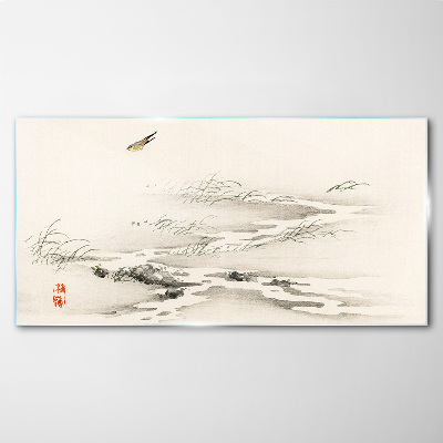A peaceful landscape with a bird Glass Wall Art