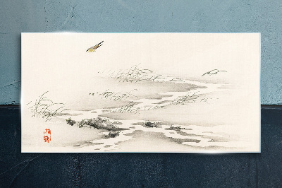 A peaceful landscape with a bird Glass Wall Art