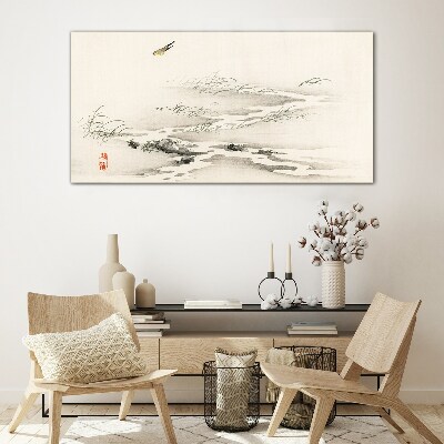 A peaceful landscape with a bird Glass Wall Art