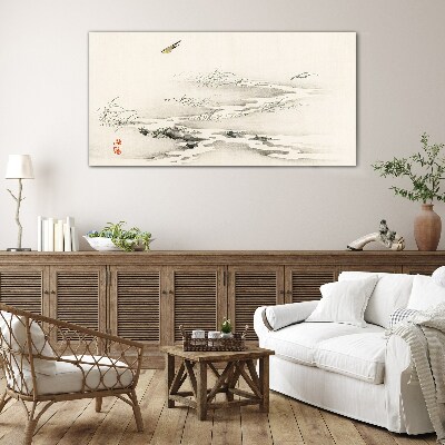 A peaceful landscape with a bird Glass Wall Art