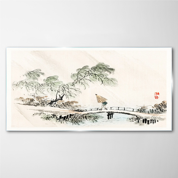 A peaceful landscape with a bridge Glass Wall Art