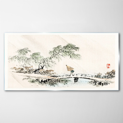 A peaceful landscape with a bridge Glass Wall Art