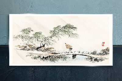 A peaceful landscape with a bridge Glass Wall Art
