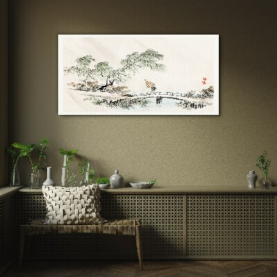 A peaceful landscape with a bridge Glass Wall Art