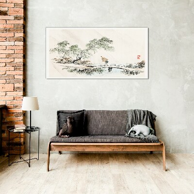 A peaceful landscape with a bridge Glass Wall Art