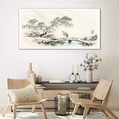 A peaceful landscape with a bridge Glass Wall Art