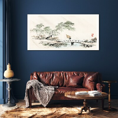 A peaceful landscape with a bridge Glass Wall Art
