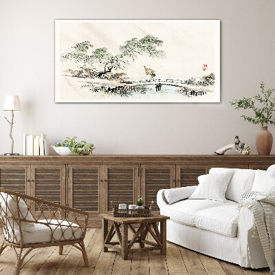 A peaceful landscape with a bridge Glass Wall Art