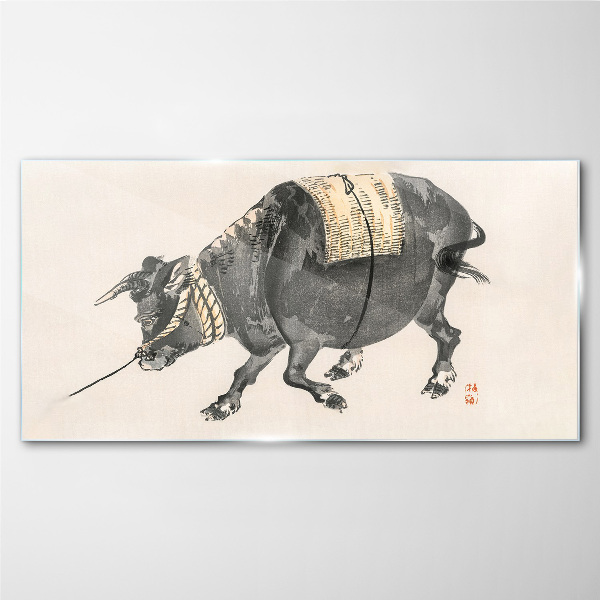 Horned cow on the move Glass Wall Art