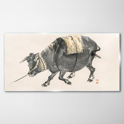 Horned cow on the move Glass Wall Art