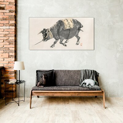 Horned cow on the move Glass Wall Art