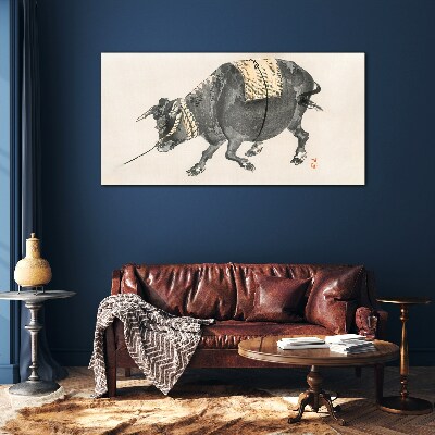 Horned cow on the move Glass Wall Art
