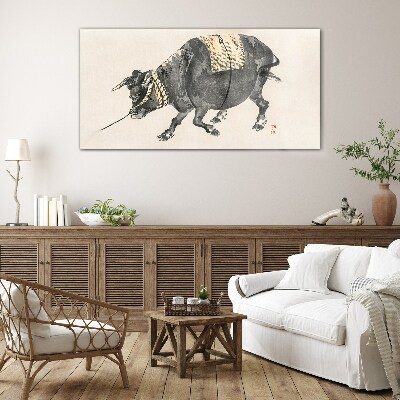 Horned cow on the move Glass Wall Art