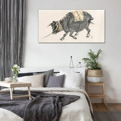 Horned cow on the move Glass Wall Art