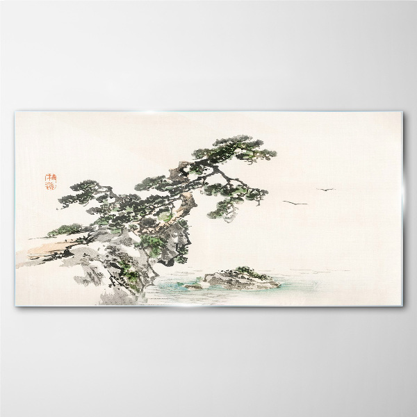 Peaceful landscape with a pine tree Glass Wall Art