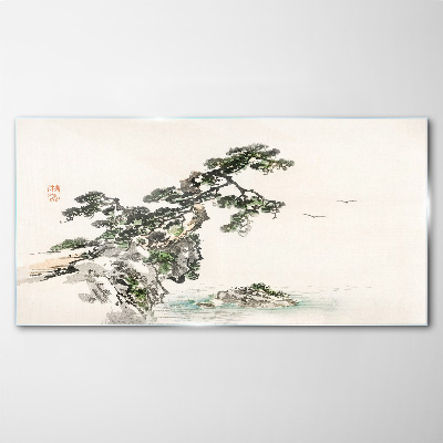 Peaceful landscape with a pine tree Glass Wall Art
