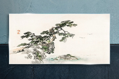 Peaceful landscape with a pine tree Glass Wall Art