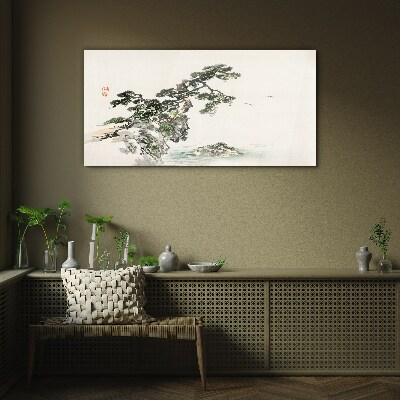 Peaceful landscape with a pine tree Glass Wall Art