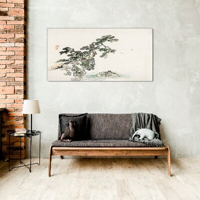 Peaceful landscape with a pine tree Glass Wall Art