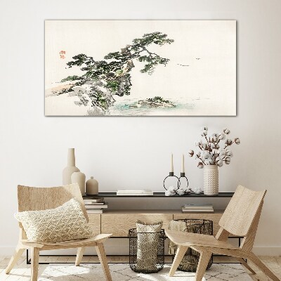 Peaceful landscape with a pine tree Glass Wall Art