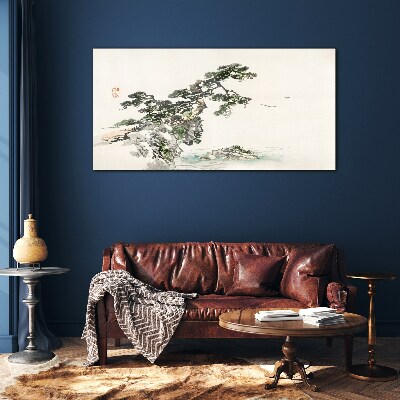 Peaceful landscape with a pine tree Glass Wall Art