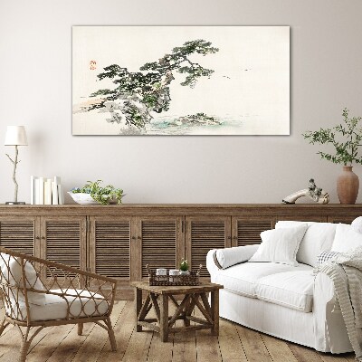 Peaceful landscape with a pine tree Glass Wall Art