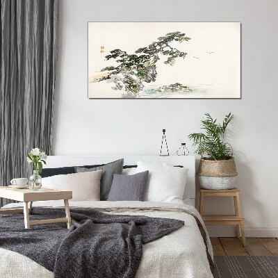 Peaceful landscape with a pine tree Glass Wall Art