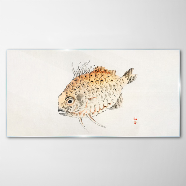 Gold fish on white background Glass Print
