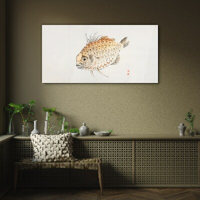 Gold fish on white background Glass Print