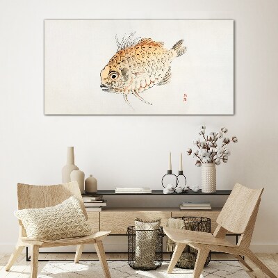 Gold fish on white background Glass Print