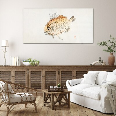 Gold fish on white background Glass Print