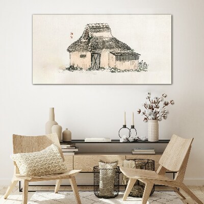 Country cottage with grass roof Glass Print