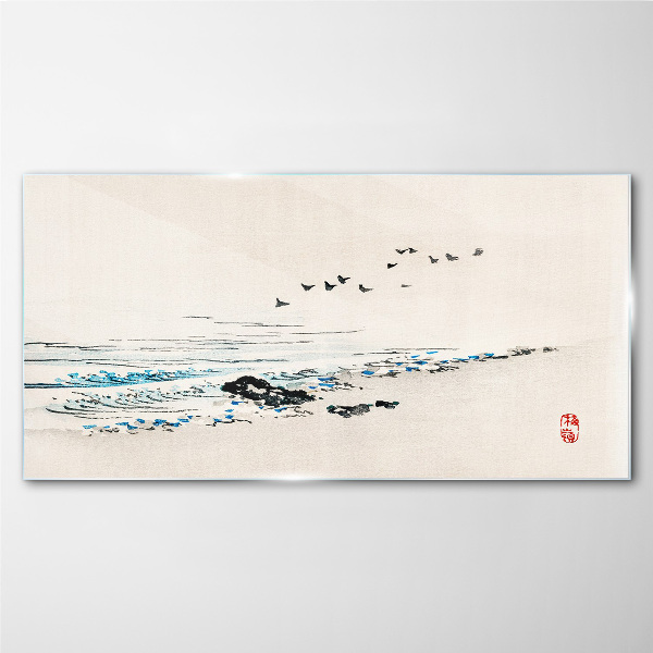 Peaceful coast with birds Glass Print