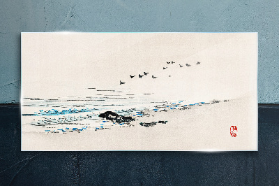 Peaceful coast with birds Glass Print