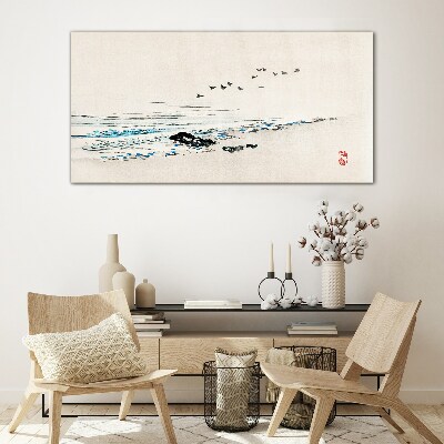 Peaceful coast with birds Glass Print