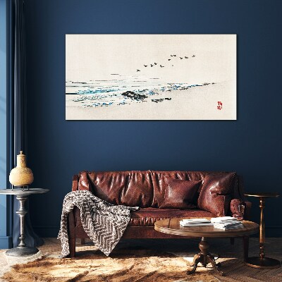 Peaceful coast with birds Glass Print