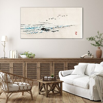 Peaceful coast with birds Glass Print