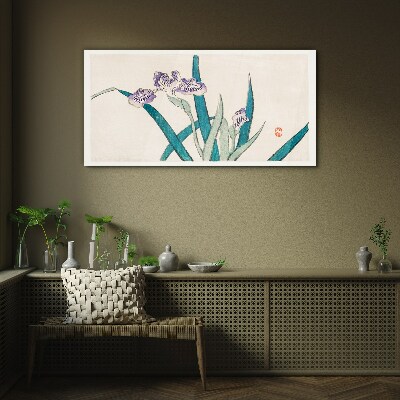 Iris flowers on a light background Glass Print