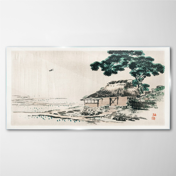 Peaceful country cottage by the lake Glass Print